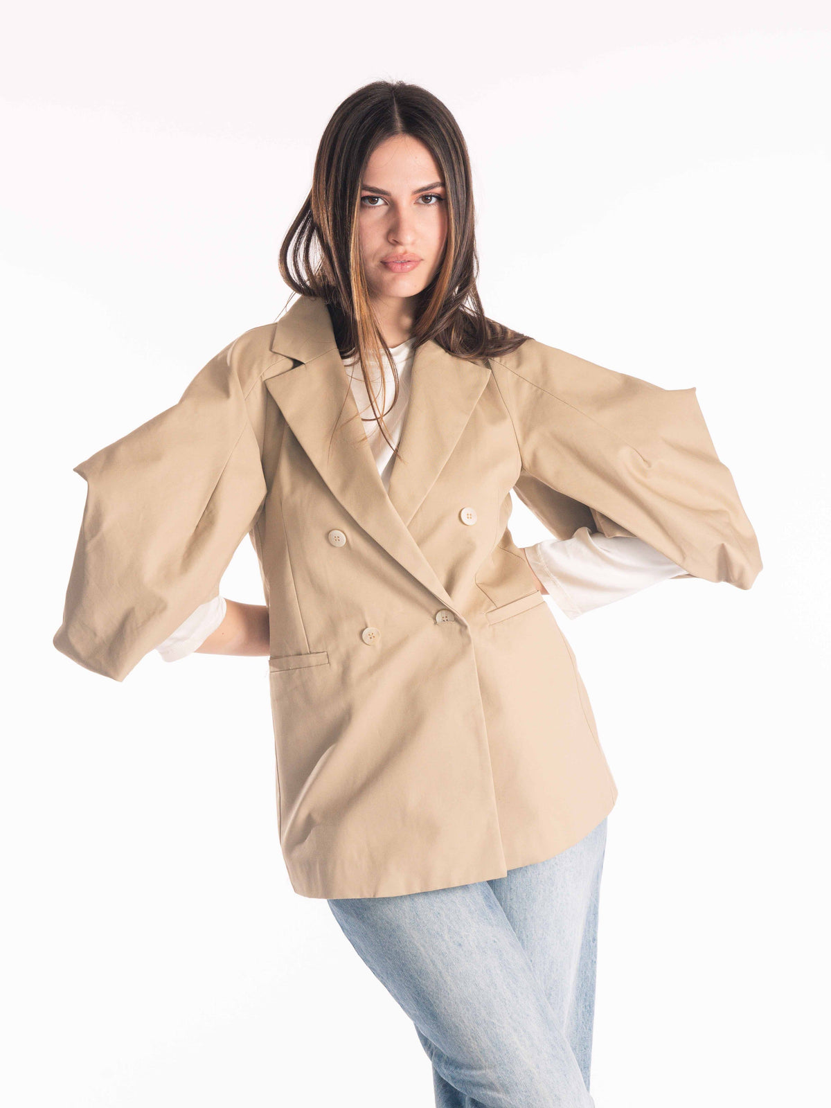 Blazer Doppiopetto con Maniche Ampie Beige donna Tensione in - 1