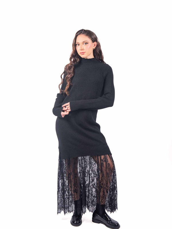 Abito Lungo in Maglia a Coste Nera con Pizzo da donna Miss love