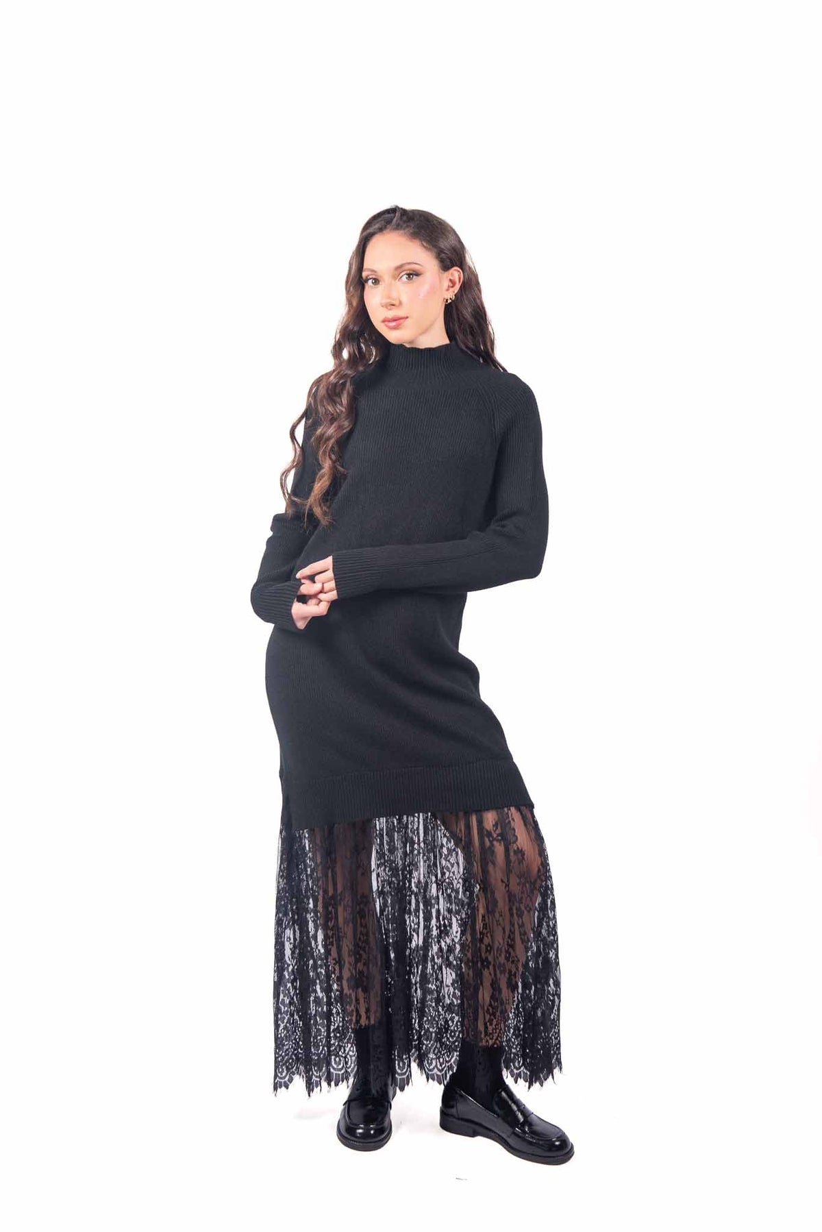 Abito Lungo in Maglia a Coste Nera con Pizzo donna Miss love - 1