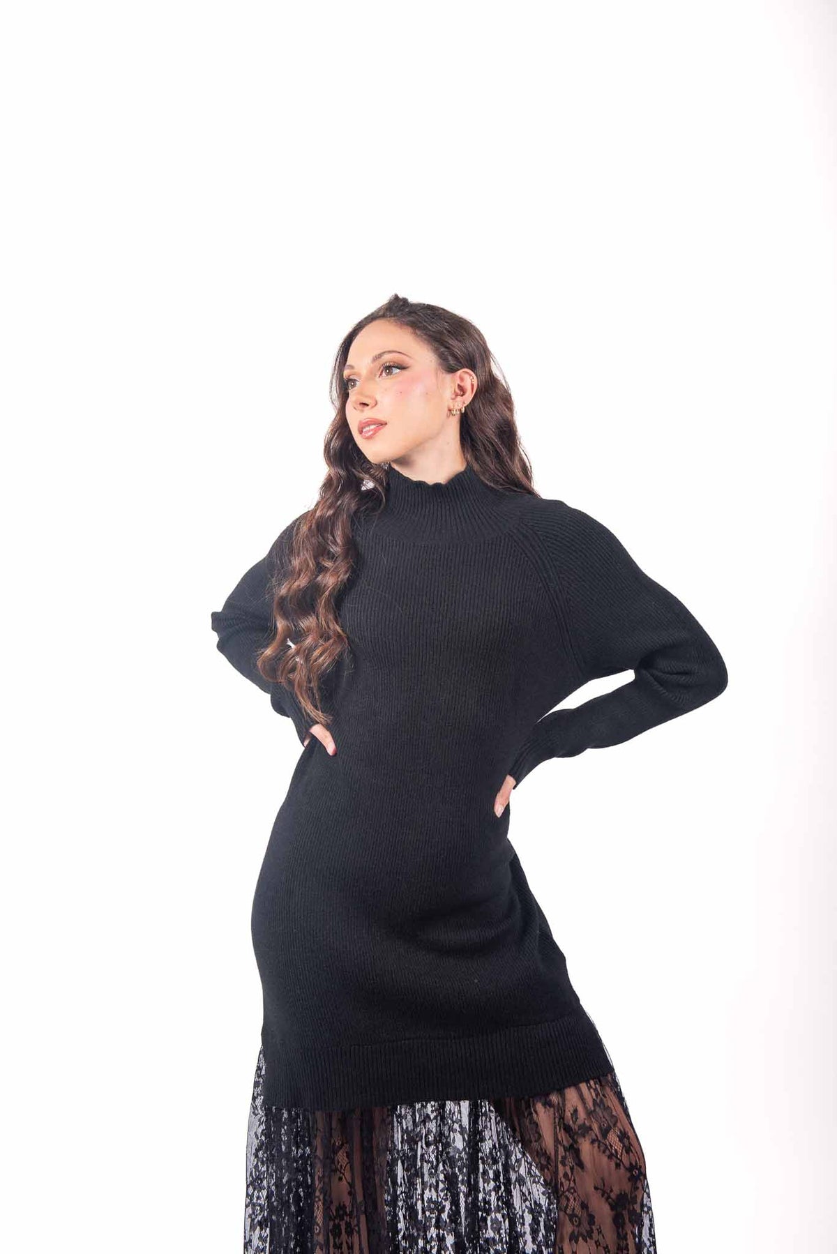 Abito Lungo in Maglia a Coste Nera con Pizzo donna Miss love - 5