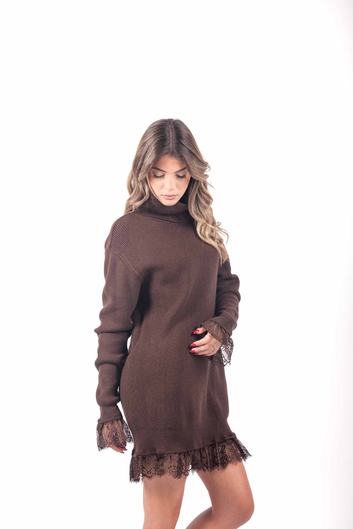 Abito in Maglia a Coste Marrone con Collo Alto donna Miss love - 5