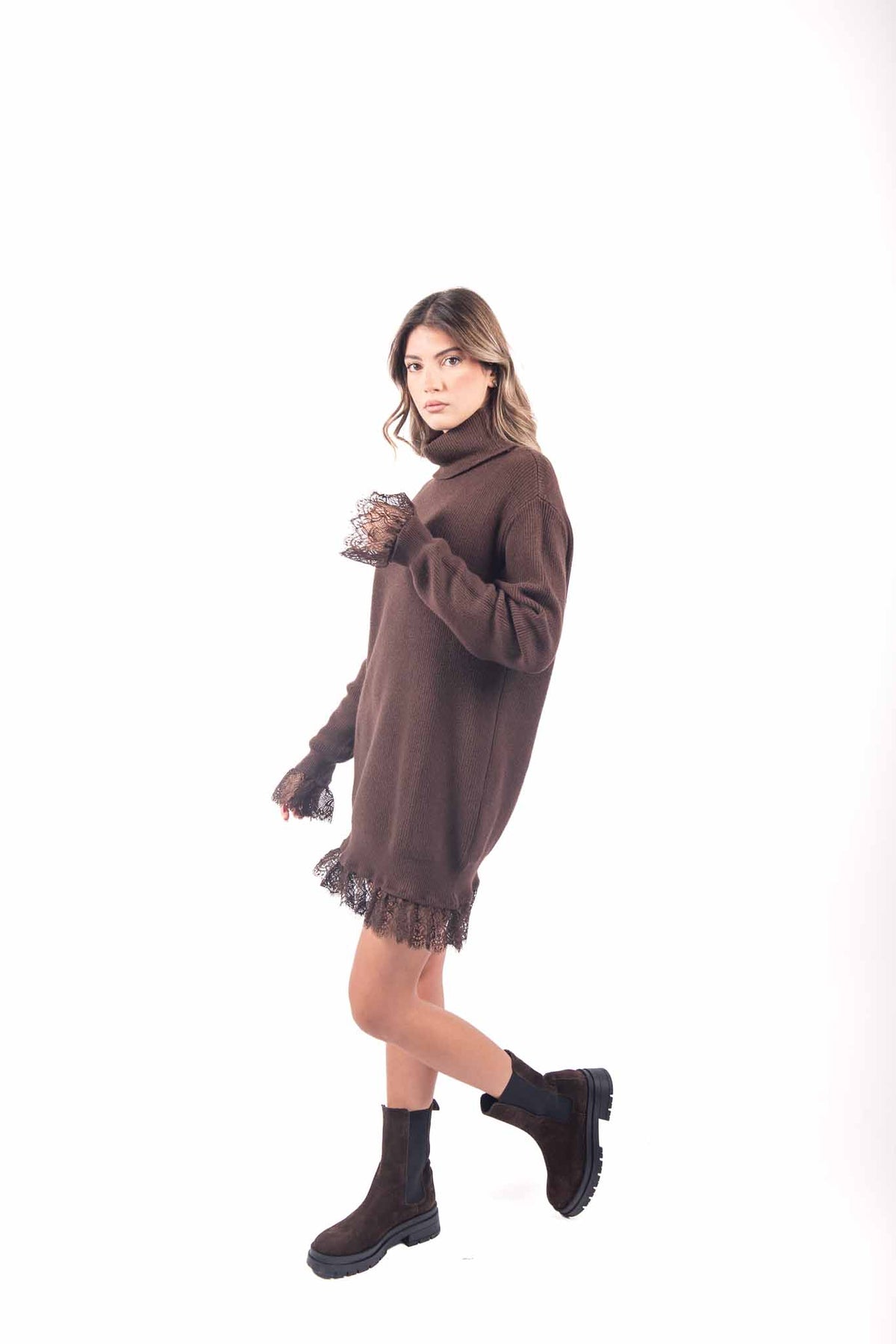 Abito in Maglia a Coste Marrone con Collo Alto donna Miss love - 3