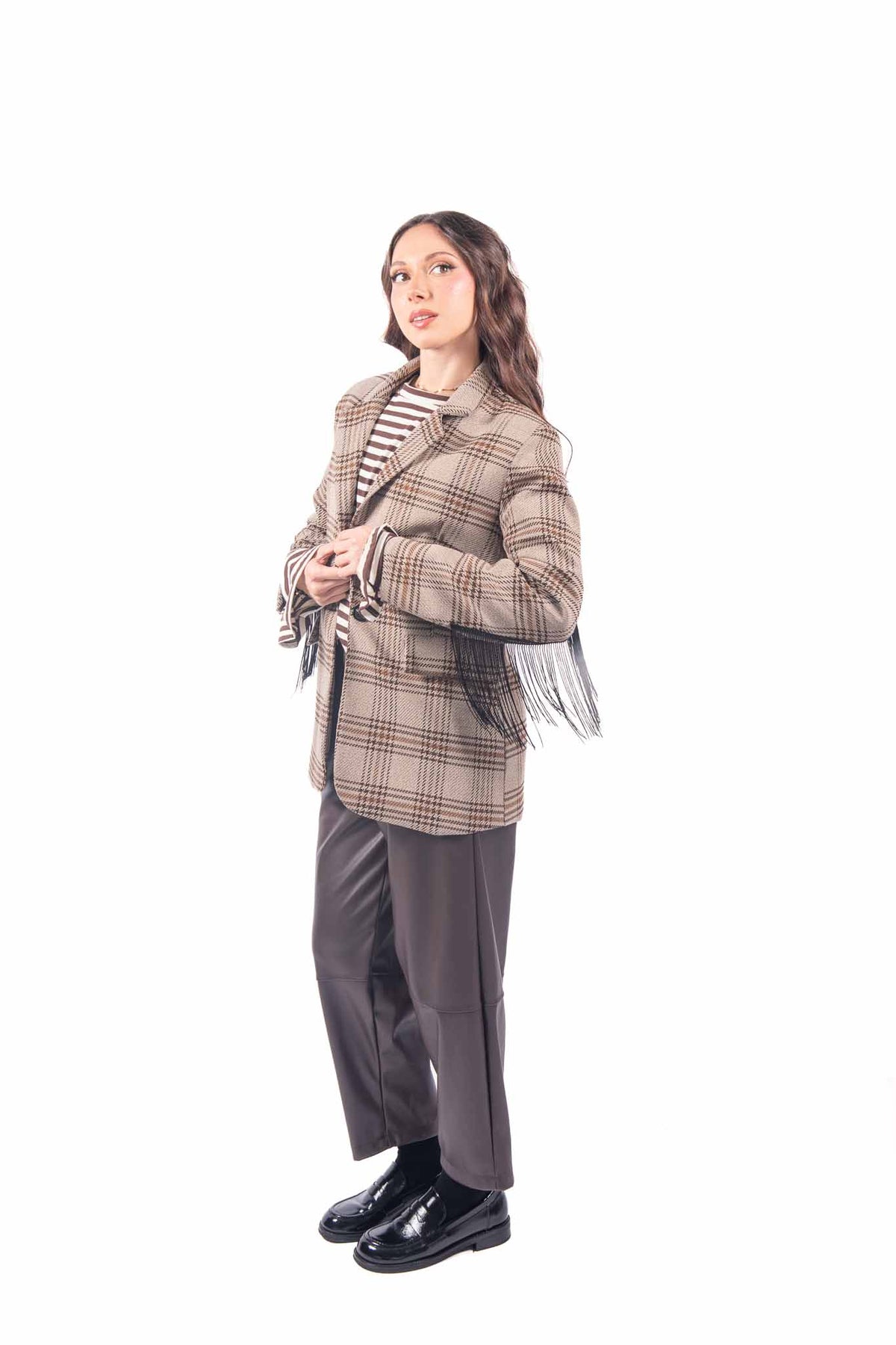 Blazer Sartoriale a Quadri con Frange Panna donna Miss love - 3