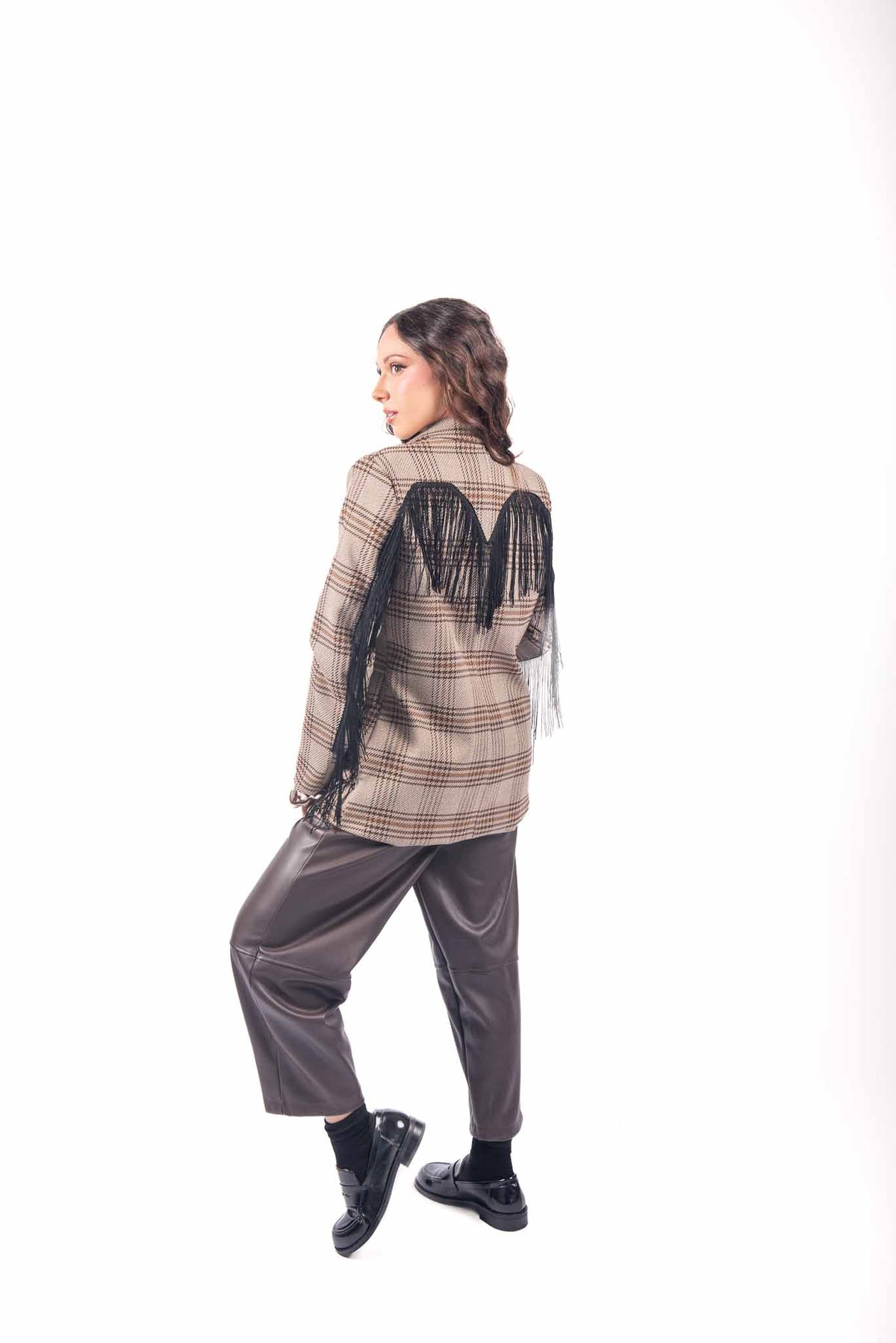 Blazer Sartoriale a Quadri con Frange Panna donna Miss love - 2