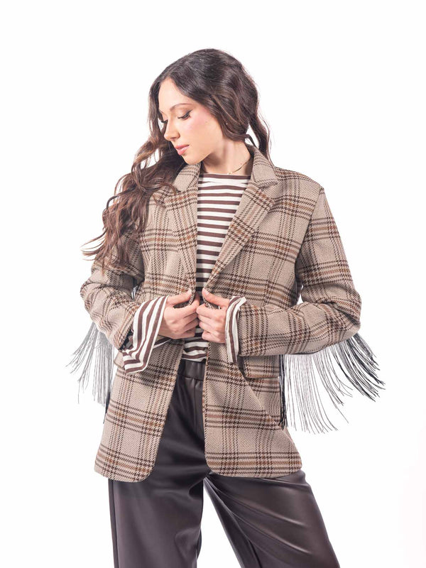 Blazer Sartoriale a Quadri con Frange Panna da donna Miss love