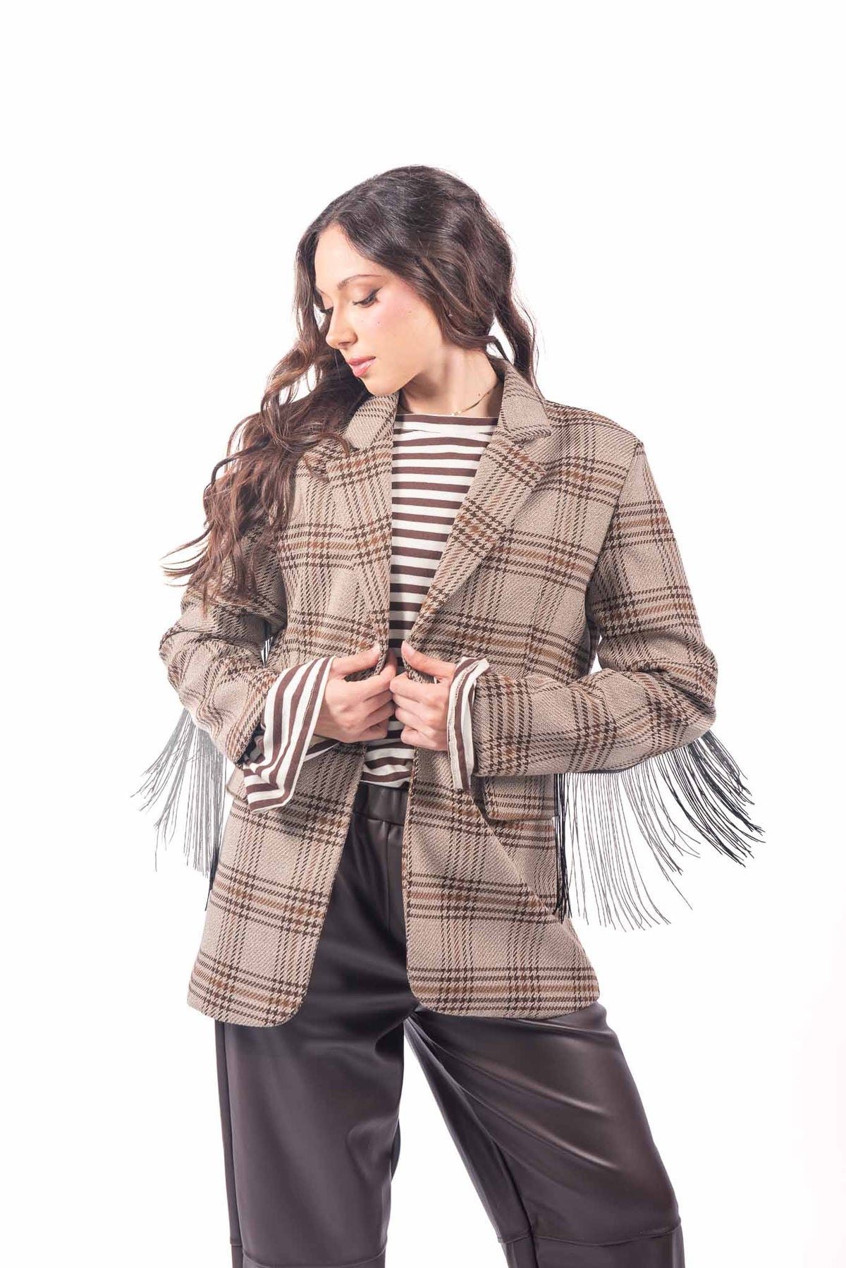Blazer Sartoriale a Quadri con Frange Panna donna Miss love - 1