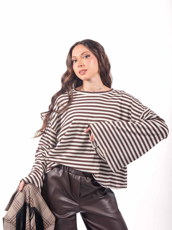Maglia Oversize a Righe Panna/Marrone da donna Miss love