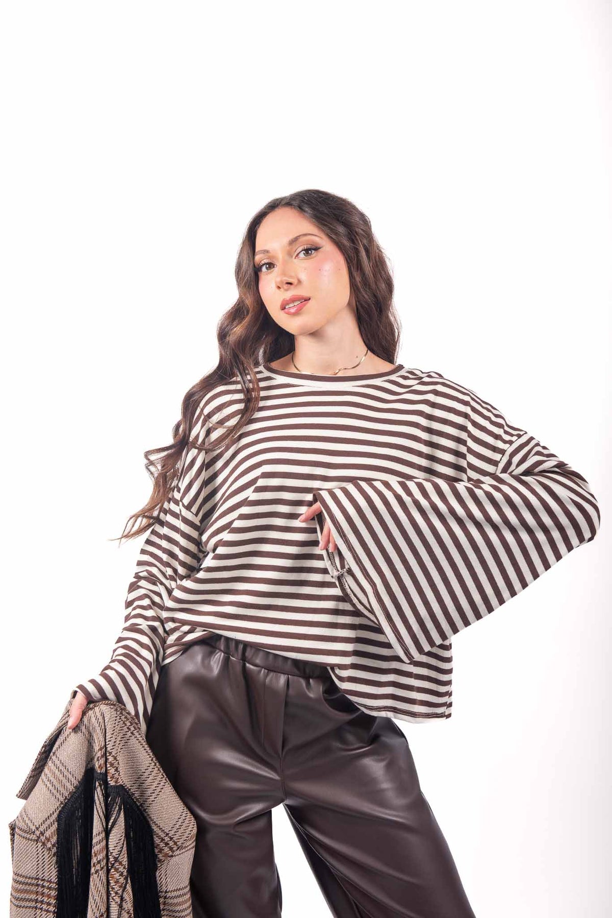 Maglia Oversize a Righe Panna/Marrone donna Miss love - 1
