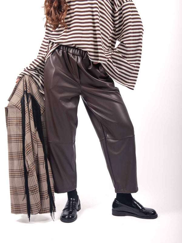 Pantaloni Jogger Wide Leg in Ecopelle Marrone da donna Miss love