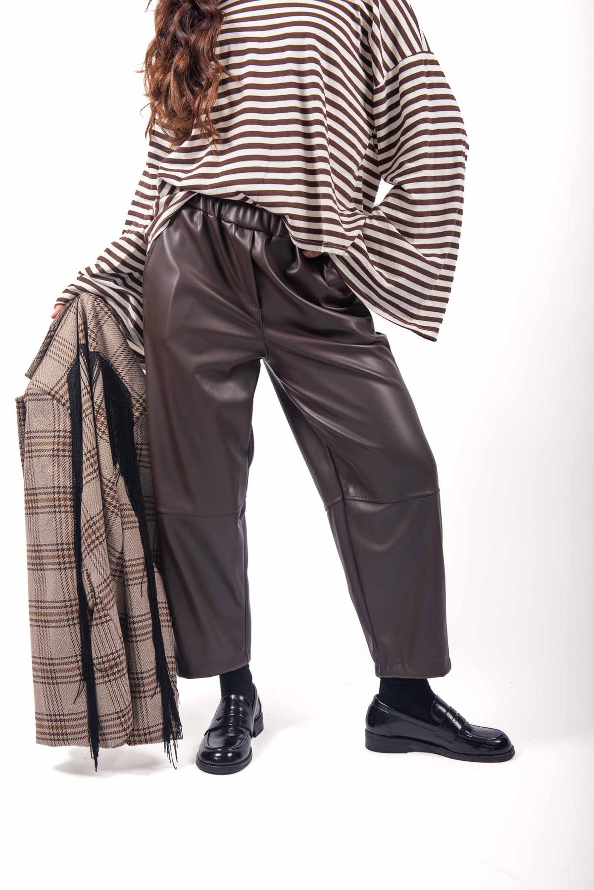 Pantaloni Jogger Wide Leg in Ecopelle Marrone donna Miss love - 1