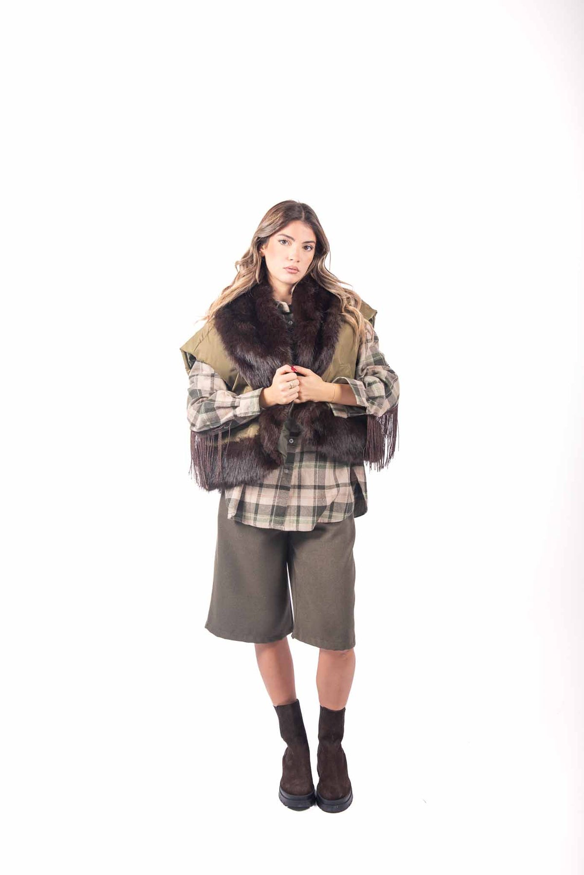 Gilet Ibrido Verde Militare con Ecopelliccia donna Miss love - 2