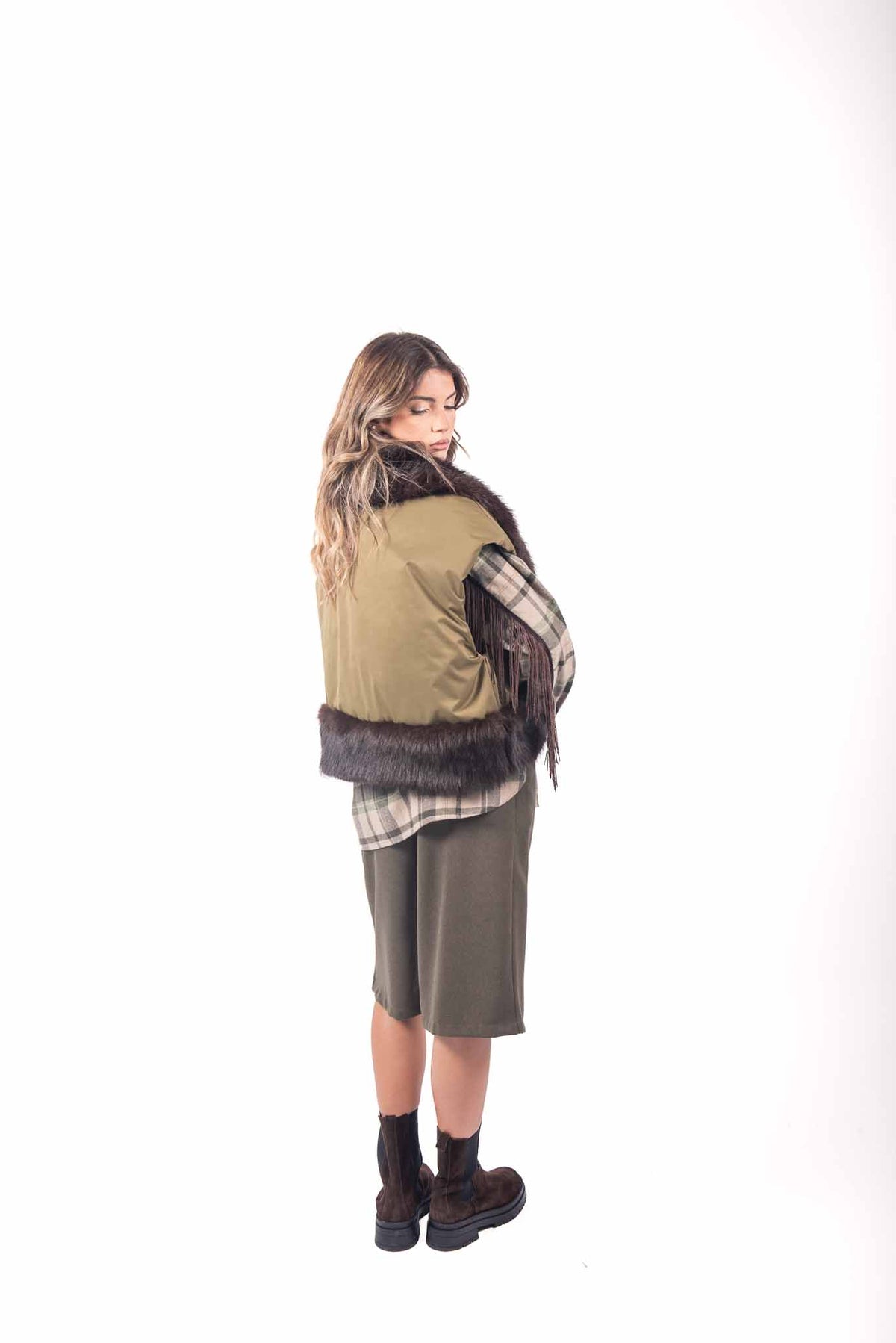 Gilet Ibrido Verde Militare con Ecopelliccia donna Miss love - 5