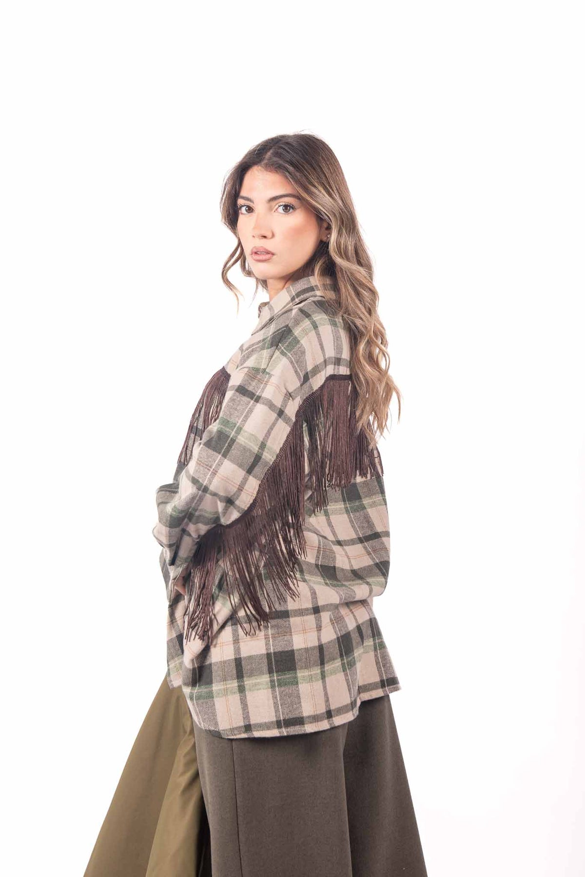 Camicia a Quadri Tartan Verde/Beige con Frange donna Miss love - 2