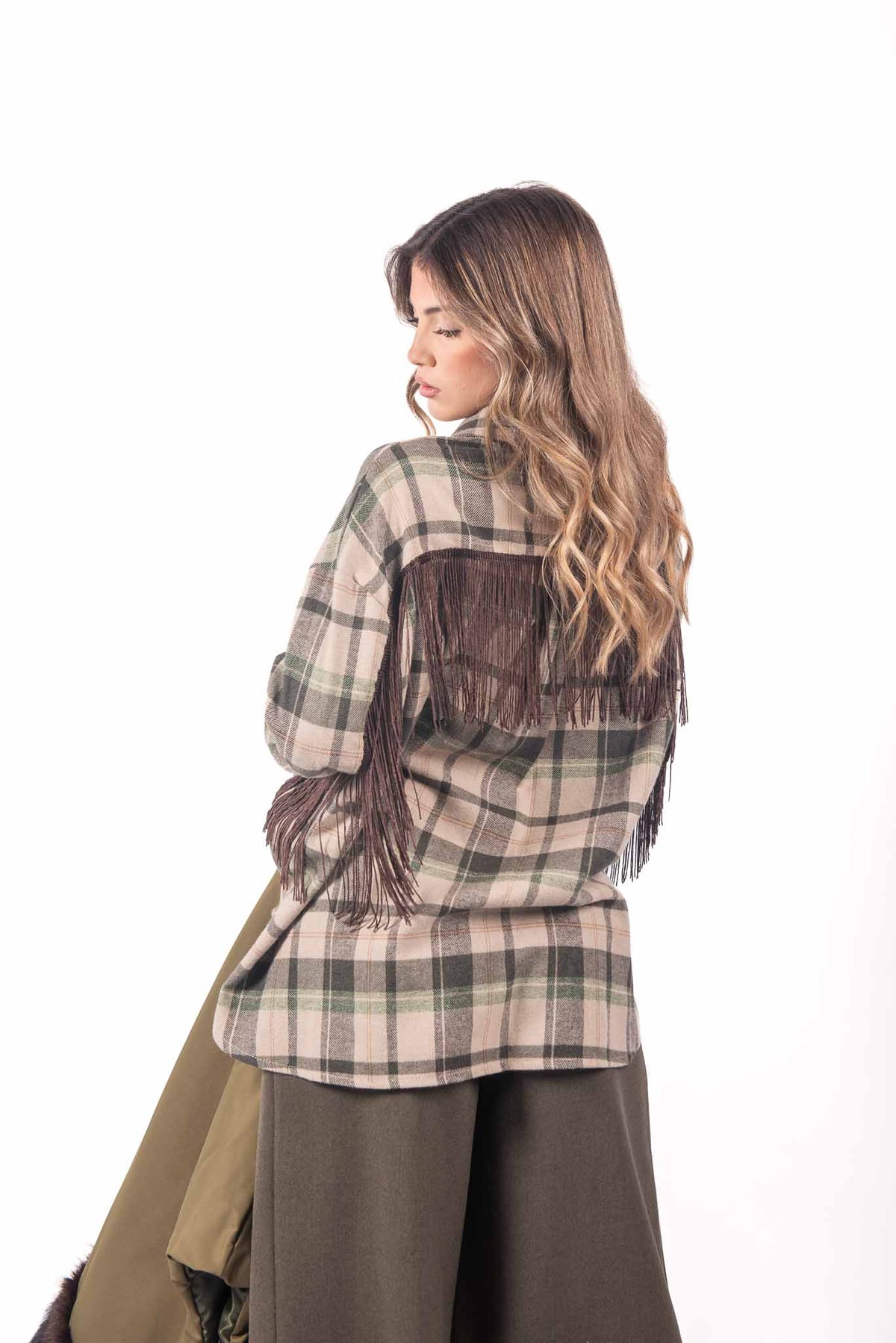 Camicia a Quadri Tartan Verde/Beige con Frange donna Miss love - 3