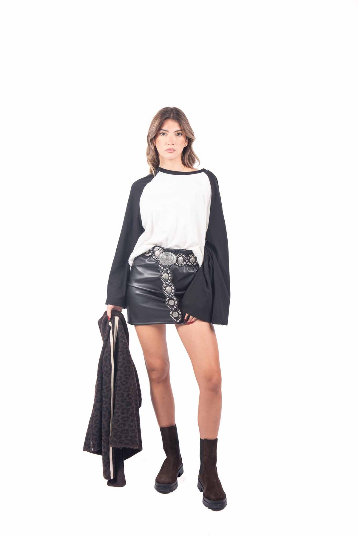 Minigonna in Ecopelle Nera con Cintura Borchiata donna Miss love - 1