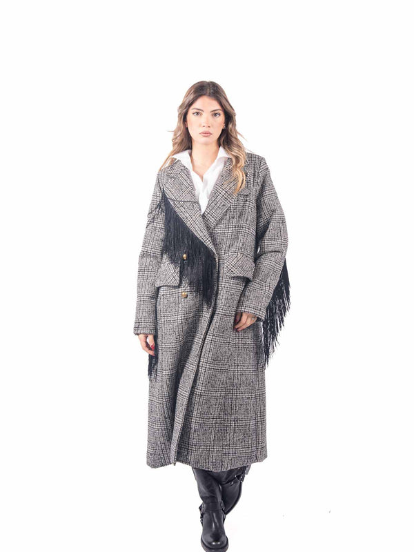 Cappotto Lungo Check Grigio con Frange da donna Miss love