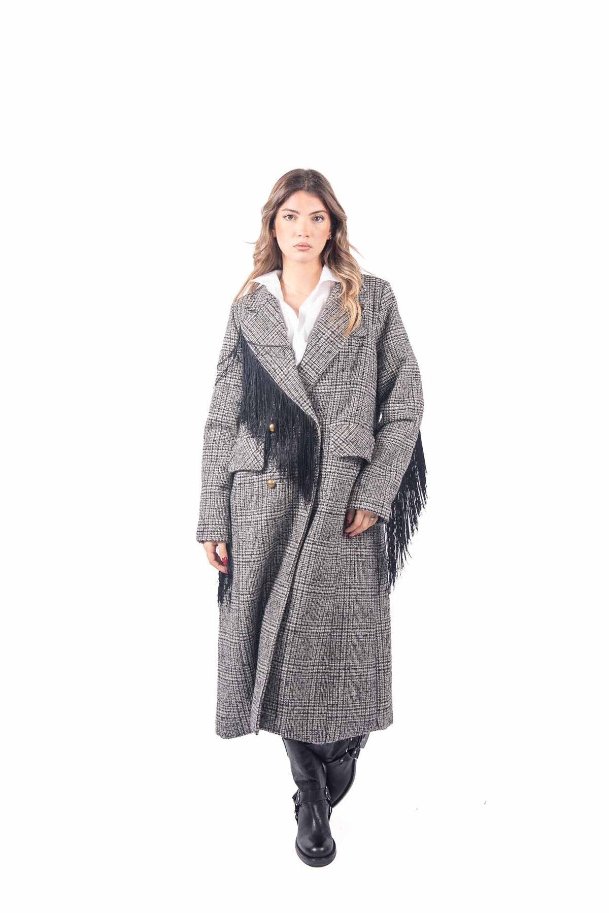 Cappotto Lungo Check Grigio con Frange donna Miss love - 1