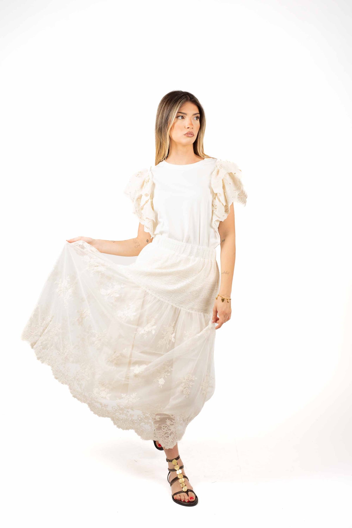 Gonna Lunga in Pizzo con Ricami Panna donna Miss love - 4