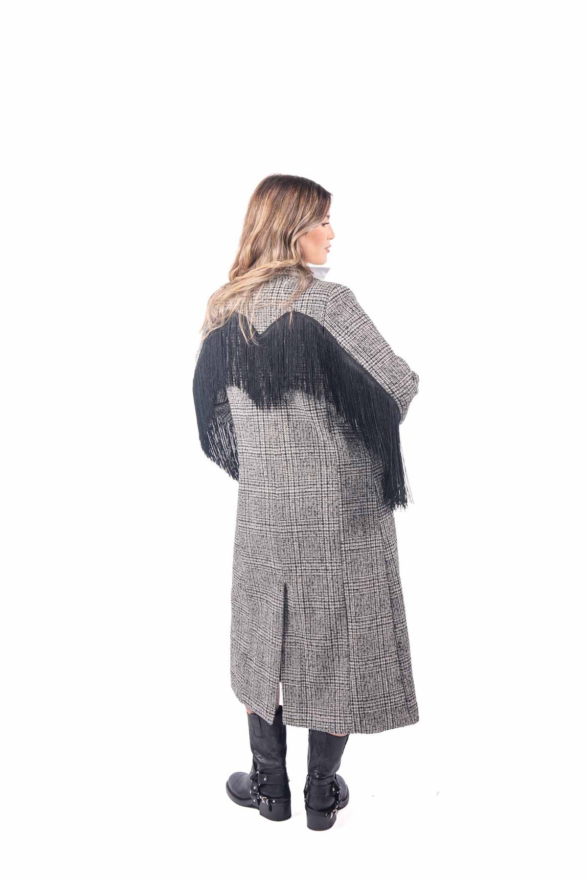 Cappotto Lungo Check Grigio con Frange donna Miss love - 3