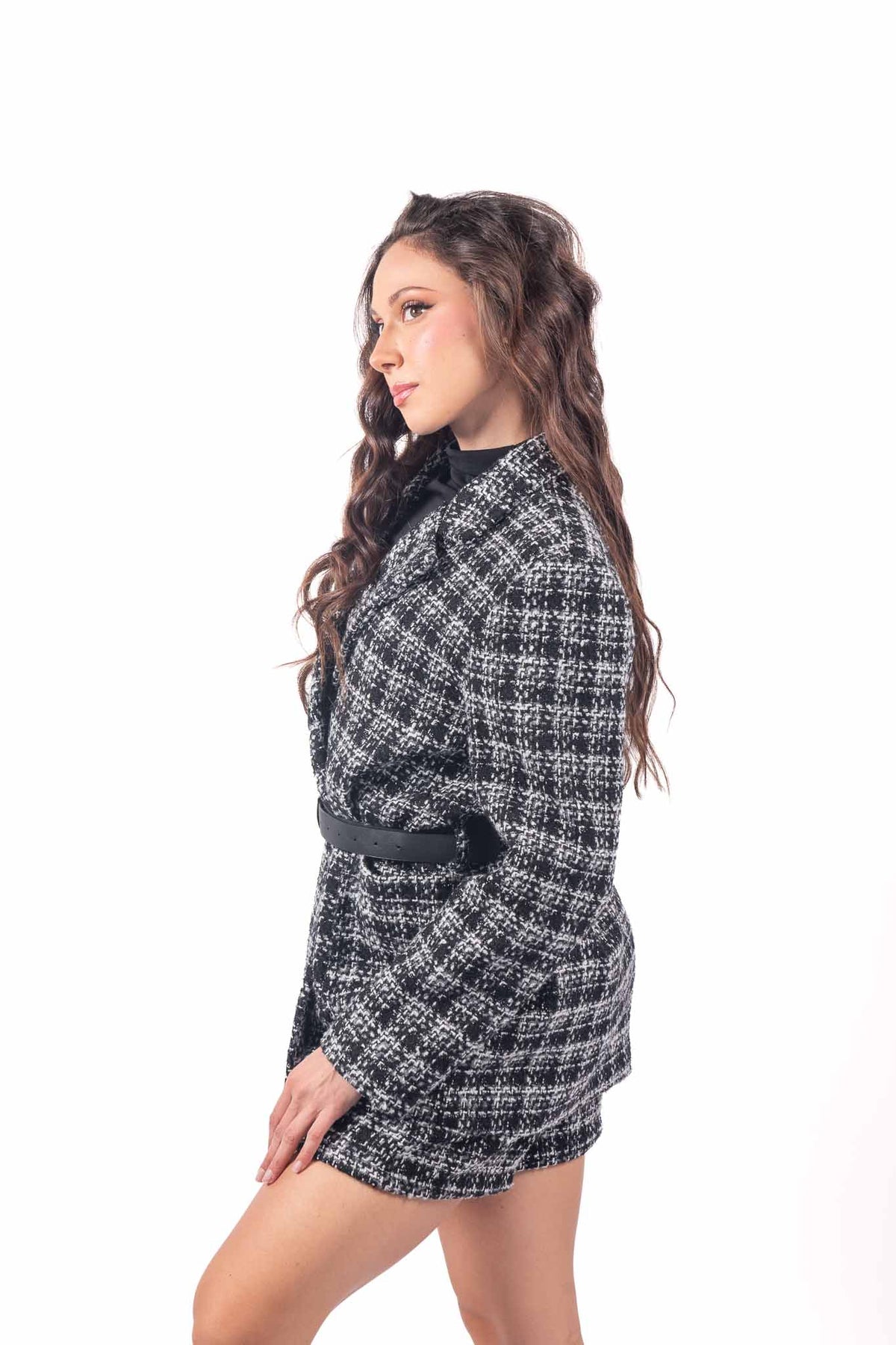 Giacca Blazer Oversize in Tweed Bianco/Nero con Cintura donna Miss love - 3