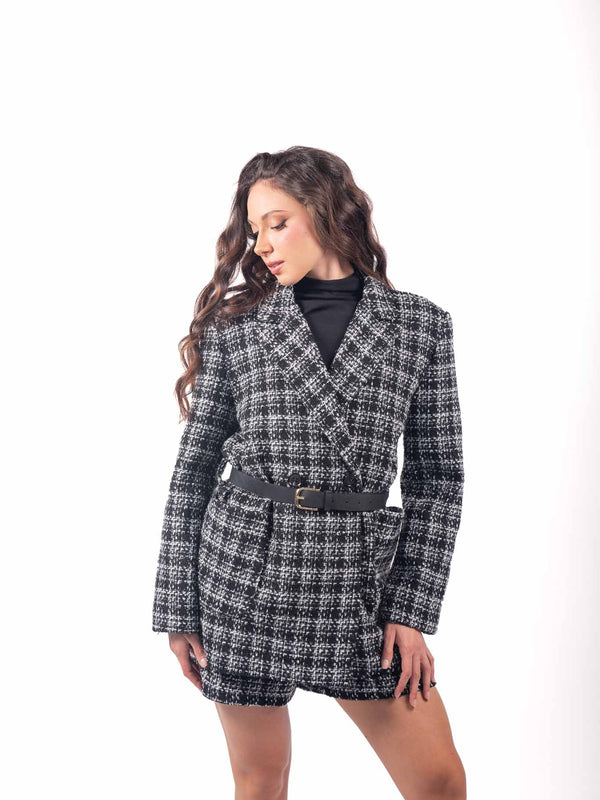 Giacca Blazer Oversize in Tweed Bianco/Nero con Cintura da donna Miss love