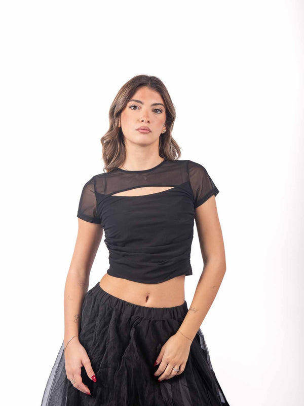 Crop Top Nero in Mesh con Cut-Out da donna Miss love