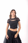 Crop Top Nero in Mesh con Cut-Out donna Miss love - 1