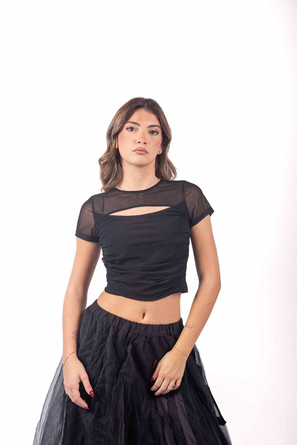 Crop Top Nero in Mesh con Cut-Out donna Miss love - 1