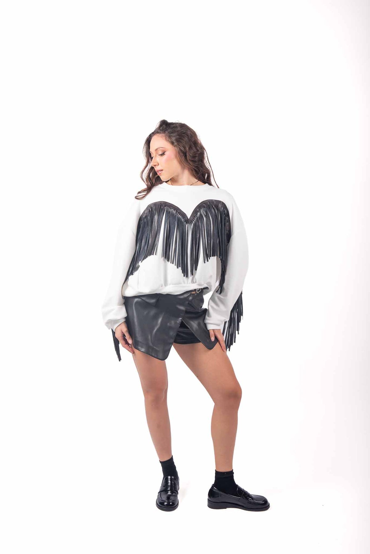 Felpa Oversize Bianca con Frange in Ecopelle donna Miss love - 3