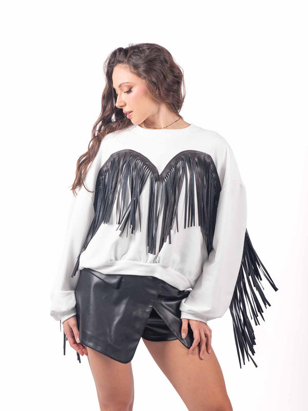 Felpa Oversize Bianca con Frange in Ecopelle da donna Miss love