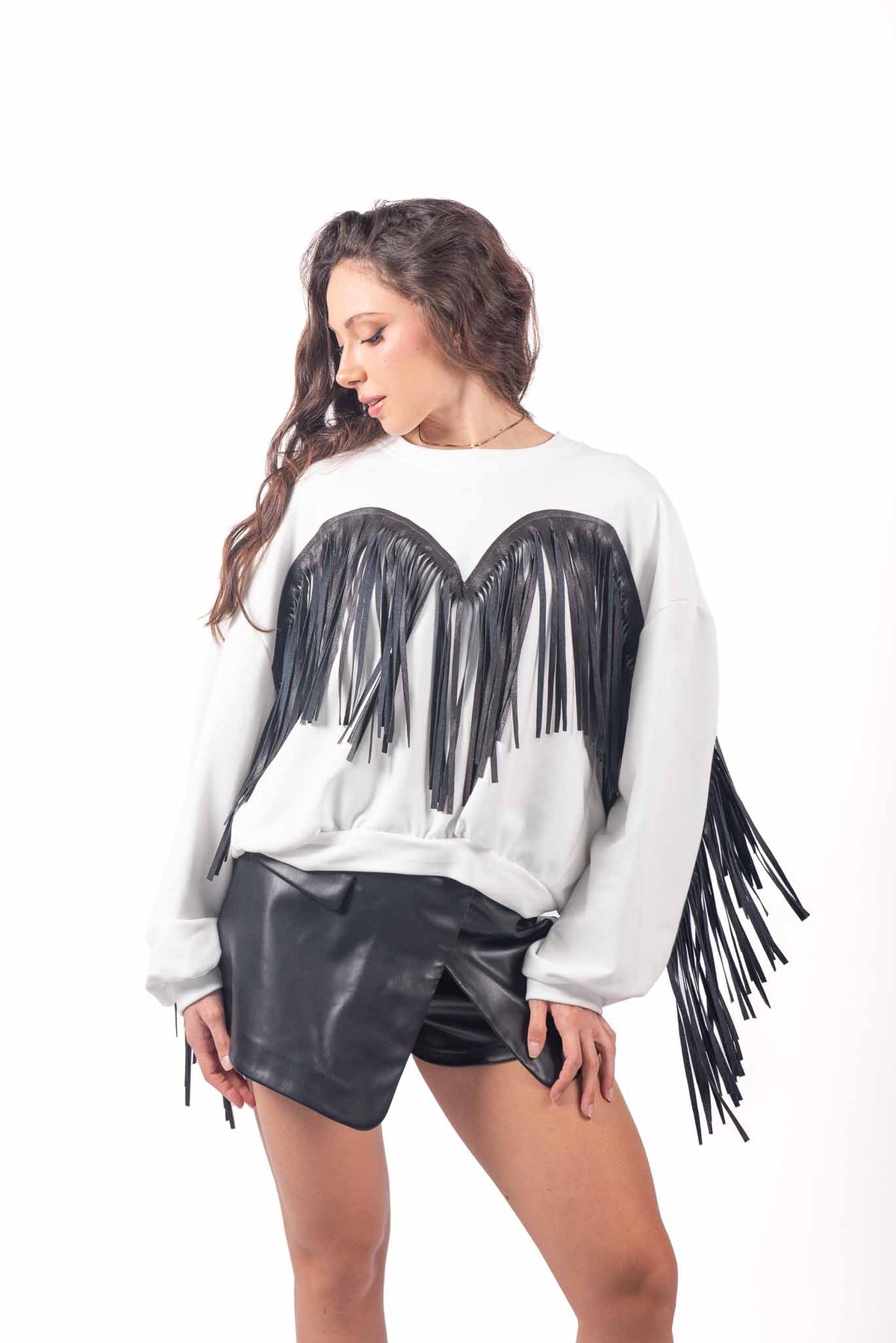 Felpa Oversize Bianca con Frange in Ecopelle donna Miss love - 1