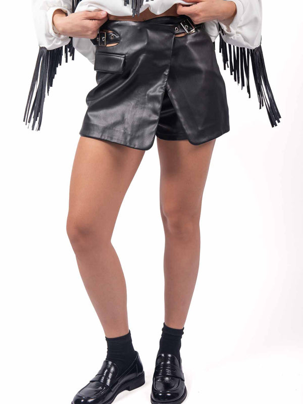 Gonna Pantalone in Ecopelle Nera con Doppia Fibbia da donna Miss love
