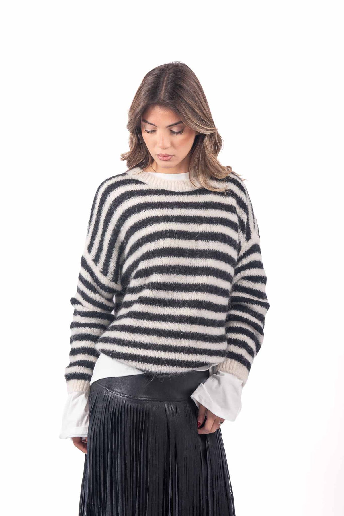 Pullover Oversize Tricot a Righe Bianco/Nero donna Miss love - 1