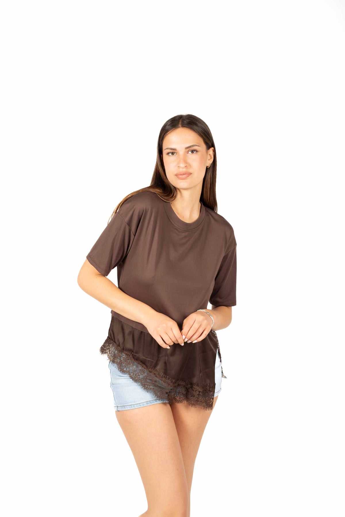 T-shirt con inserto Satin e Pizzo donna Miss love - 4