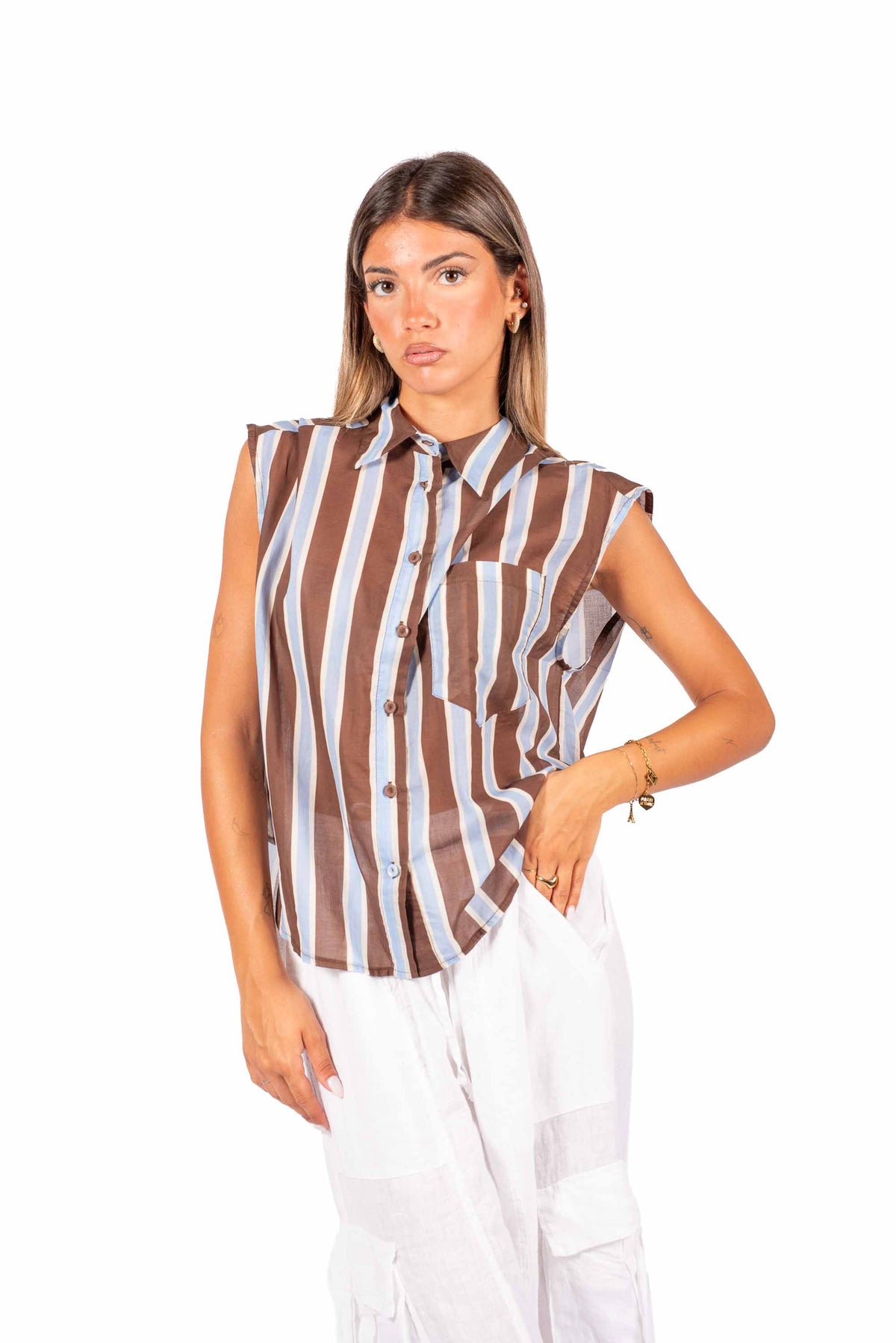 Camicia Smanicata a Righe Azzurro/Moro donna Tensione in - 3