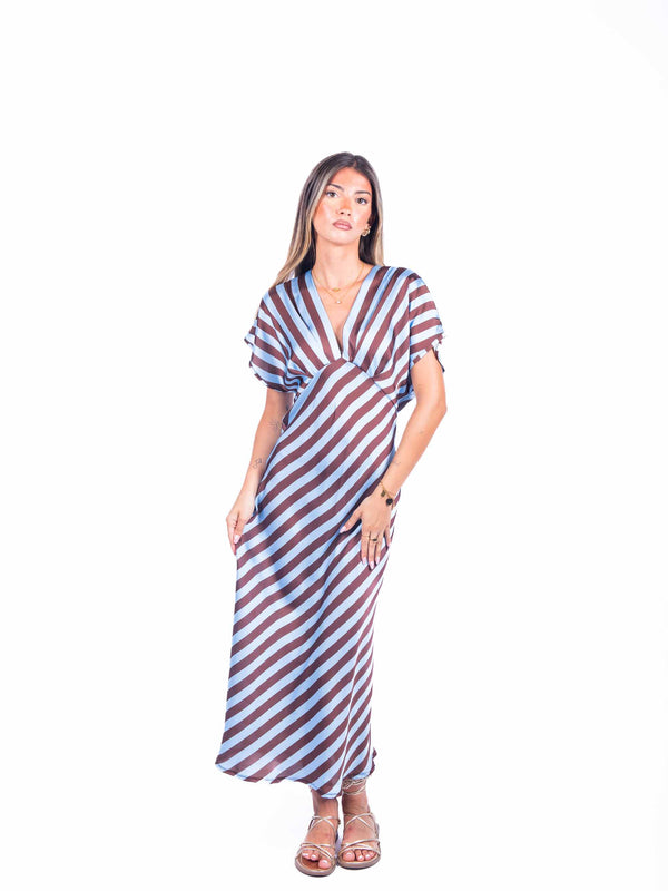 Abito Lungo Satinato a Righe Azzurro/Marrone da donna Miss love