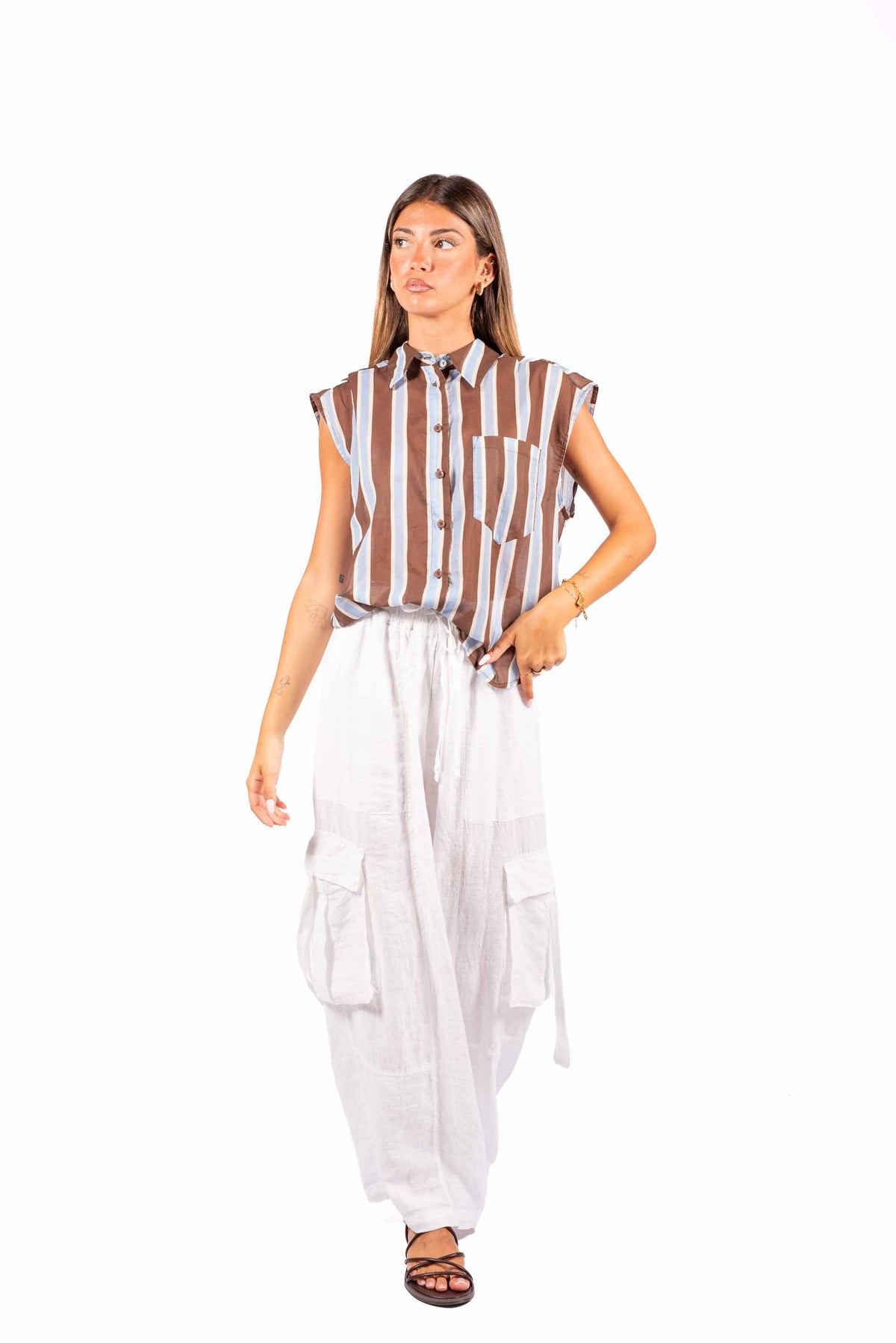 Camicia Smanicata a Righe Azzurro/Moro donna Tensione in - 4