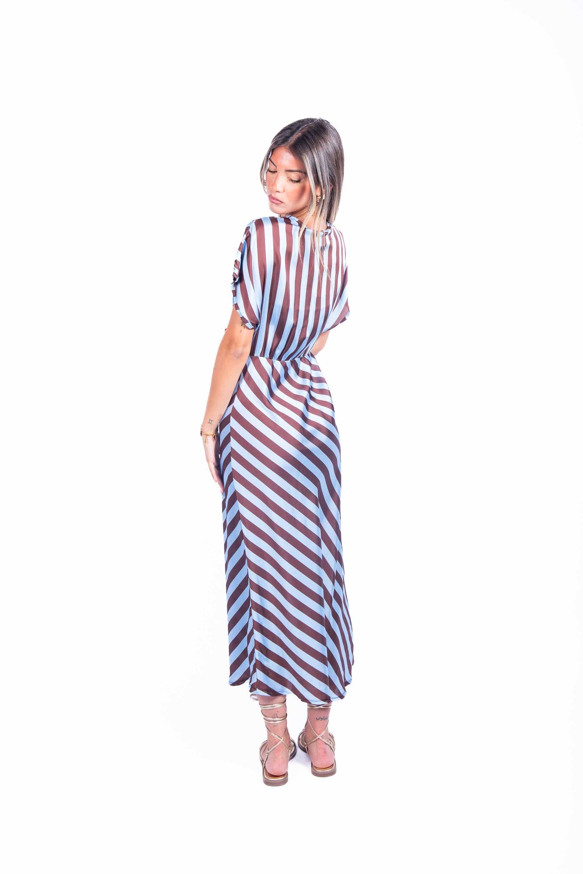 Abito Lungo Satinato a Righe Azzurro/Marrone donna Miss love - 4