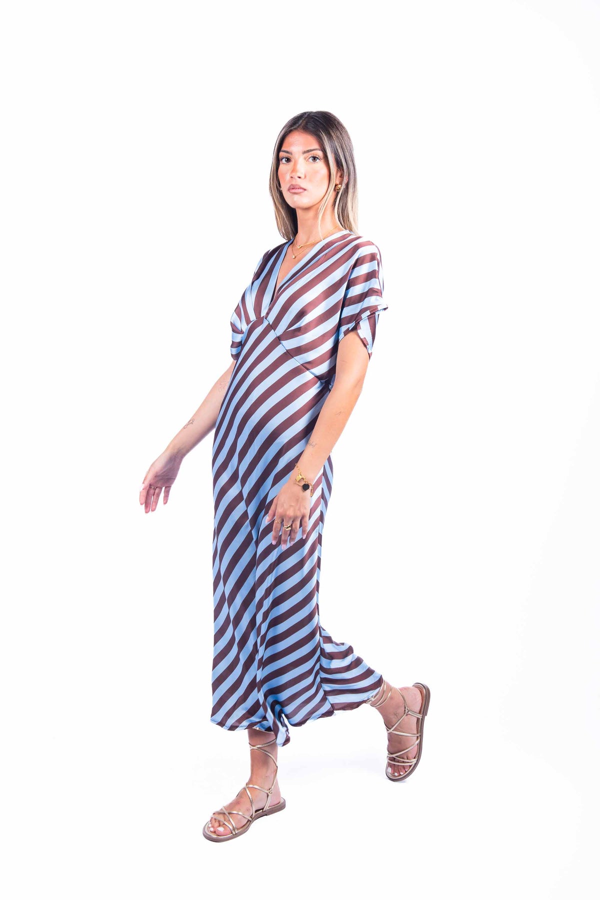 Abito Lungo Satinato a Righe Azzurro/Marrone donna Miss love - 5