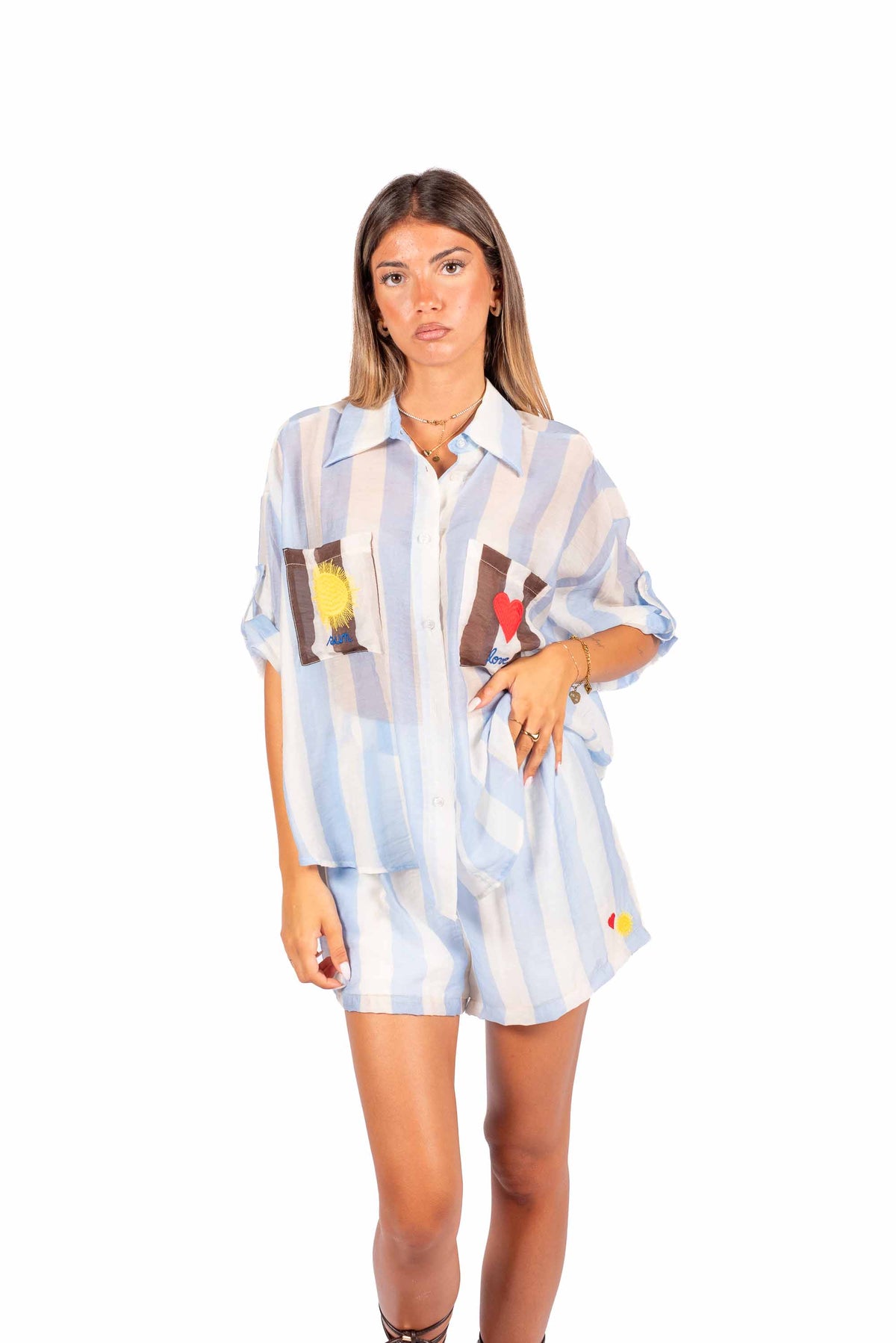 Camicia Oversize a Righe con Ricami donna Tensione in - 1