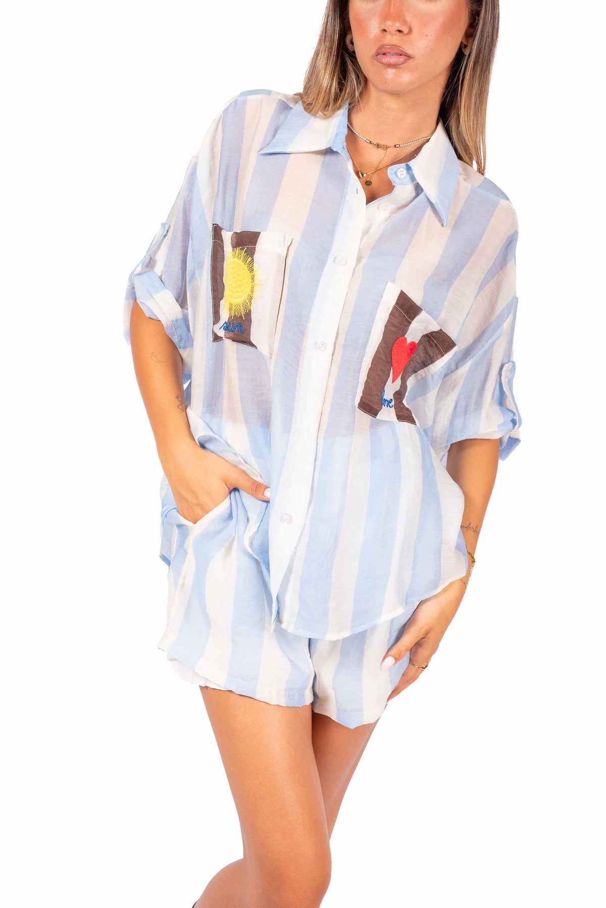 Camicia Oversize a Righe con Ricami donna Tensione in - 5