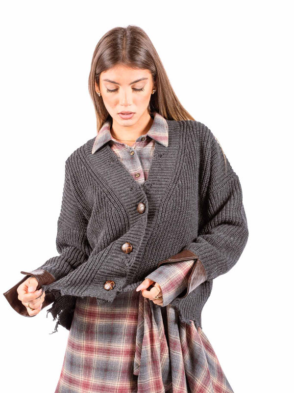 Cardigan Tricot Destrutturato con Dettagli in Ecopelle da donna Maryley