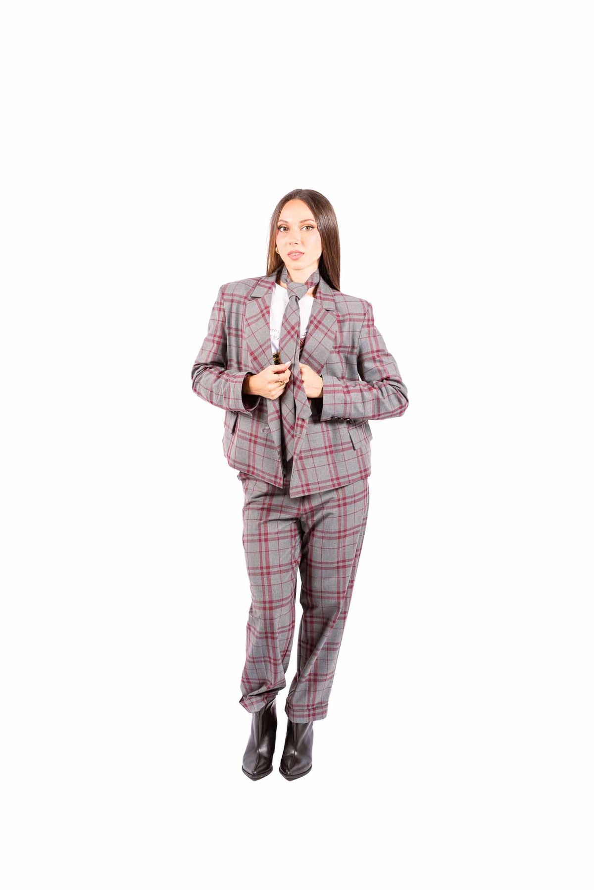 Blazer a Quadri Grigio/Bordeaux con Cravatta Inclusa donna Maryley - 2