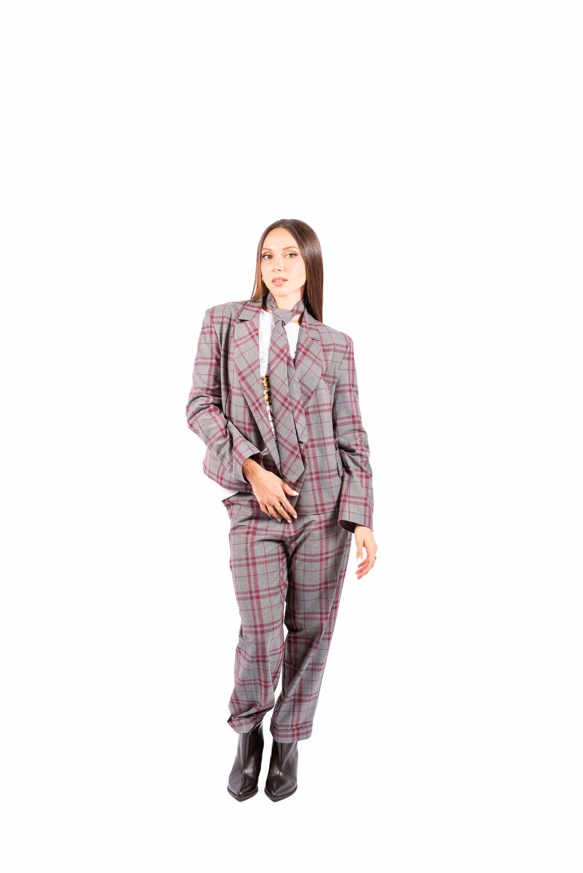 Pantaloni Sartoriali a Quadri Grigio/Bordeaux con Cintura donna Maryley - 6