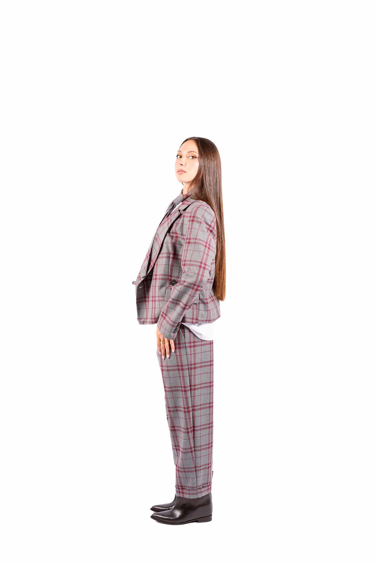 Pantaloni Sartoriali a Quadri Grigio/Bordeaux con Cintura donna Maryley - 5