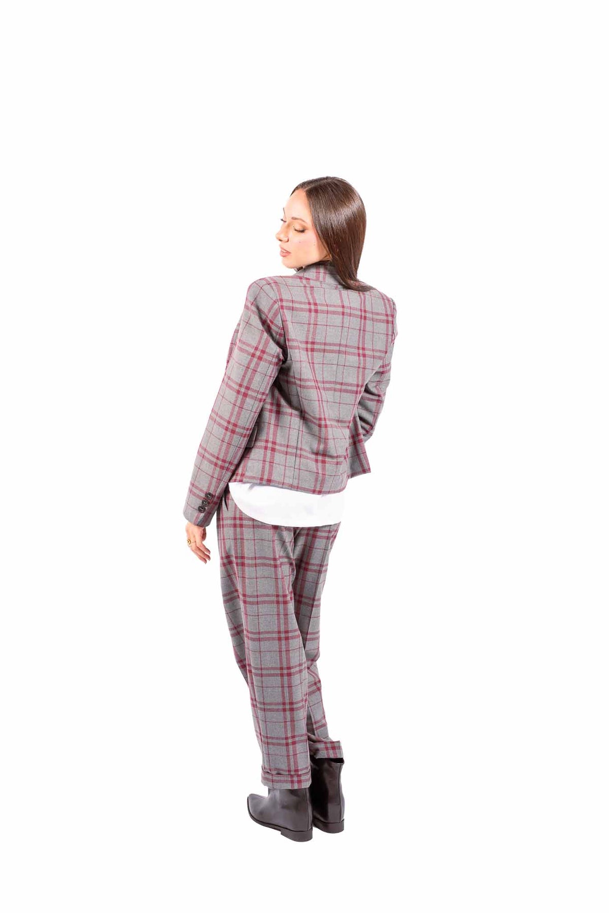 Blazer a Quadri Grigio/Bordeaux con Cravatta Inclusa donna Maryley - 3