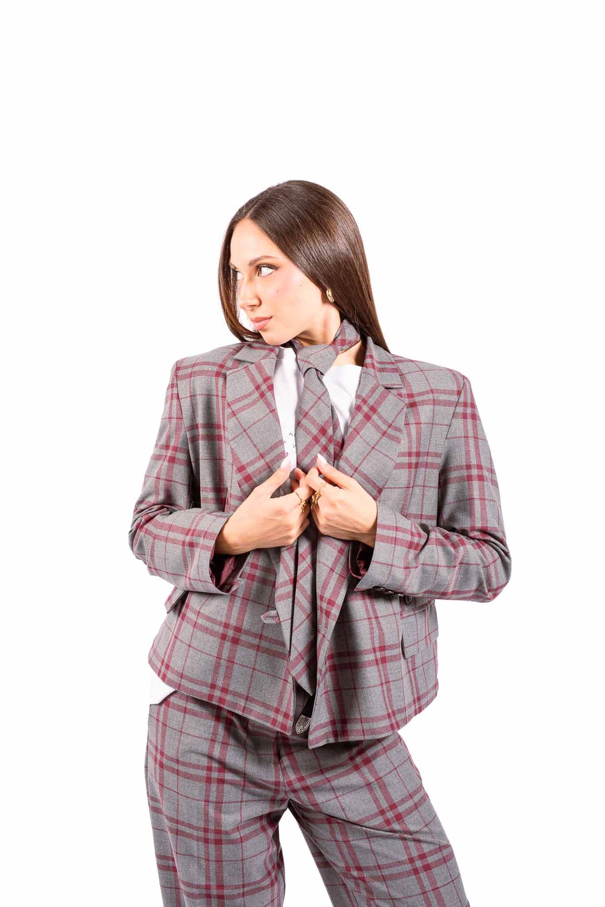 Blazer a Quadri Grigio/Bordeaux con Cravatta Inclusa donna Maryley - 5