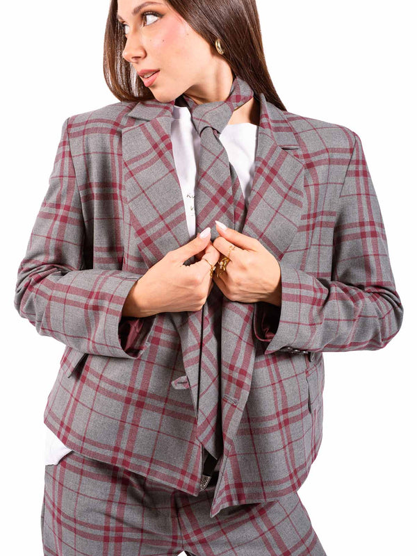 Blazer a Quadri Grigio/Bordeaux con Cravatta Inclusa da donna Maryley