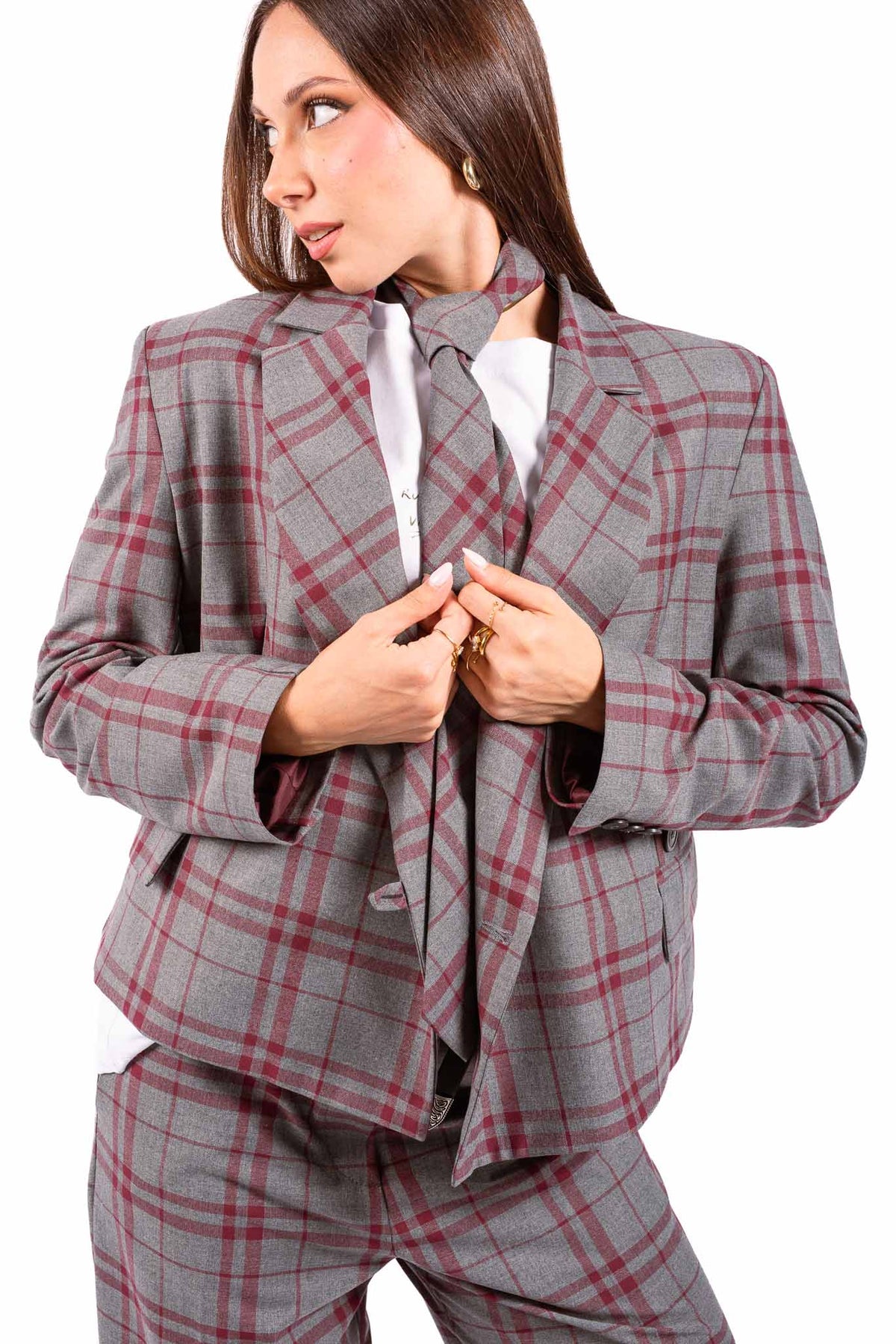 Blazer a Quadri Grigio/Bordeaux con Cravatta Inclusa donna Maryley - 1