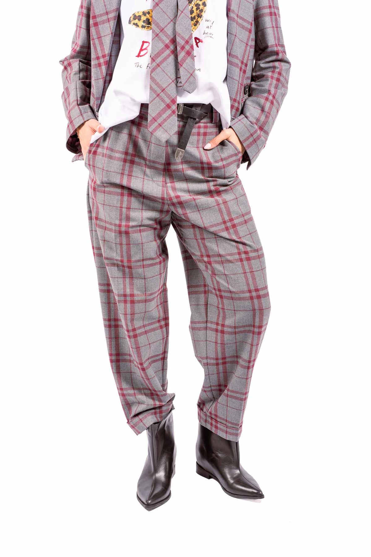 Pantaloni Sartoriali a Quadri Grigio/Bordeaux con Cintura donna Maryley - 1